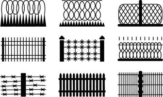 Collection of various protective fences and barriers outlined in black for security and boundary concepts and designs vector