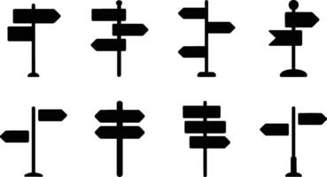 Collection of eight black and white directional signage icons illustrating various navigation concepts and route guidance vector