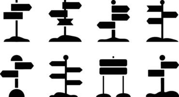 Collection of black and white directional sign icons representing navigation and wayfinding for various destinations and purposes vector