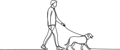 Simple line drawing of a person walking a dog along a leash in minimalist style vector