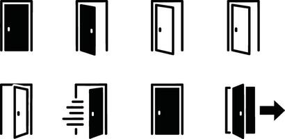 Black and white door icon collection depicting various door states including closed open and exit symbols for design purposes. vector