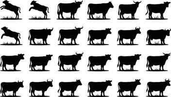 A black and white silhouetted collection of cows and bulls depicting various poses in a grassy field displaying livestock concept vector