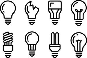Collection of various stylized black and white lightbulb icons in different shapes depicting illumination and energy efficiency vector