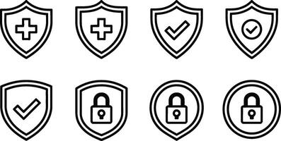 A collection of black and white shield icons featuring health protection security and digital safety concepts vector