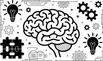 Conceptual illustration of brain activity and innovation represented by light bulbs gears and puzzle pieces in a black and white outline design vector