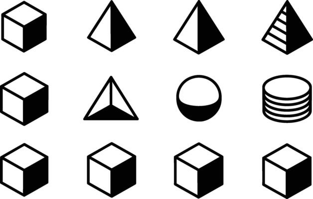 Geometric shapes collection featuring cubes, pyramids, a sphere, and a stack of disks, perfect for design and architectural concepts.