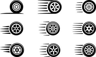 Collection of black and white car wheel designs conveying speed and motion in graphics for various applications vector
