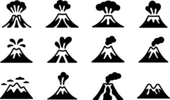 Set of stylized black and white volcano icons depicting eruptions with smoke clouds and ash for educational resources vector