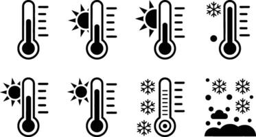 Black and white weather thermometer icons depicting hot sunny conditions and cold snowy weather for graphic design and meteorology vector