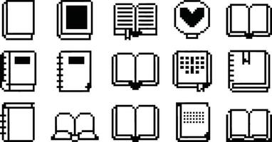 Collection of pixel art book icons in black and white showcasing various open and closed book designs vector