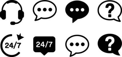 A collection of support icons featuring headphones, chat bubbles, question marks, and always available availability for customer service vector