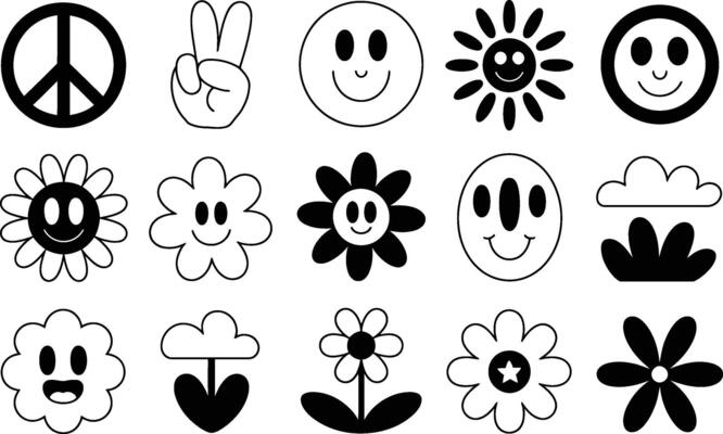 Collection of black and white groovy icons including peace sign flowers smiley faces and clouds in retro cartoon style