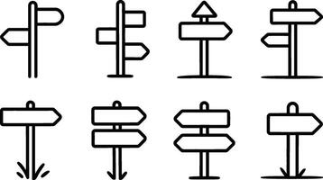 Minimalist icon set featuring various directional signposts with blank signs for navigation and guiding concepts and illustrations vector