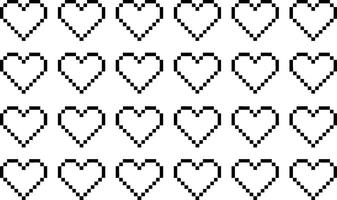 A repeating black and white pixelated heart pattern perfect for use in digital design or creating romantic themed projects vector