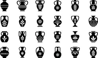Collection of black and white illustrations featuring various ancient amphorae and decorative vessels with ornamental floral designs vector