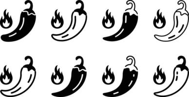 A graphic collection featuring multiple chili pepper illustrations in black and white designs with flames for spicy food vector