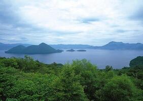 a view of a lake and mountains from a hill photo