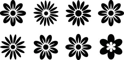 A collection of eight simple black and white floral elements showcasing various daisy and flower designs suitable for design vector