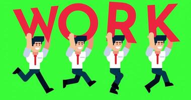 Animated business team running with work text on green screen background video