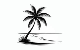illustration of a black and white stylized palm tree with a curved shoreline design against a white background vector