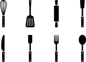 Silhouetted collection of essential kitchen utensils including a whisk spatula rolling pin knife fork and spoon on a white background vector