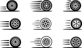 Set of isolated car wheels with motion trails representing speed and movement in a simplified black and white illustration vector