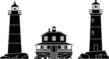 Silhouette artwork of lighthouses and a house building isolated on a white background vector