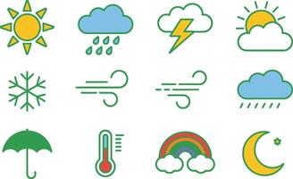 Illustrated collection of colorful weather icons depicting diverse meteorological conditions and symbols vector