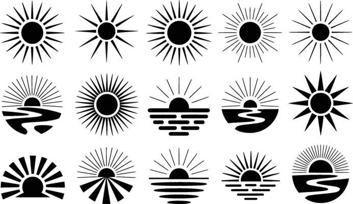 Collection of various black sun and sunrise illustrations in different styles for graphic design and decorative purposes