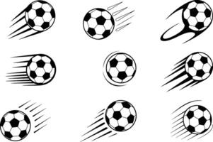 Set of nine dynamic black and white illustrations depicting soccer balls in various stages of motion and speed. vector