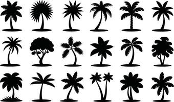 Collection of black silhouette palm tree designs including various leaf and trunk shapes for tropical and summer themed concepts vector