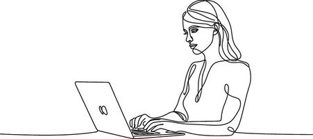 Line drawing of a woman working on a laptop simple minimalist illustration vector