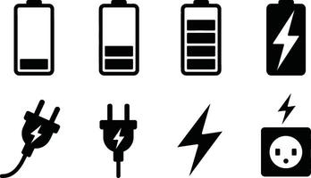 set of minimalist black and white battery charging indicators and electrical plug icons. vector