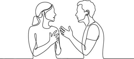 Continuous line drawing depicting two people engaging in conversation and expression vector