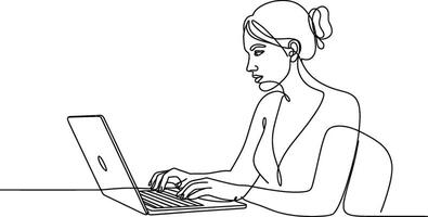 Woman working on laptop in minimalist line art style expressing digital communication and work vector