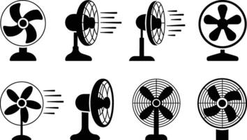 Collection of black and white illustrated desktop fans in various styles and perspectives representing cooling and air circulation vector