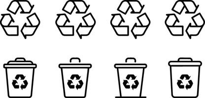 Black and white illustrations of recycling symbols and trash can icons for environmental design vector