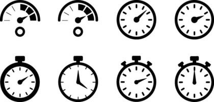 Collection of clock and time measurement icons presenting different timers and gauges in a minimalistic black and white style vector
