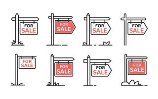 Collection of eight simplified icons displaying various styles of for sale real estate signage with red color scheme vector