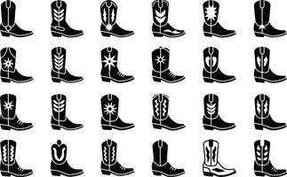 A collection of twenty four black and white cowboy boots in various designs and graphic styles ideal for design projects vector