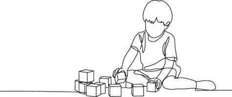 Line drawing depicts a young child playing with building blocks constructively vector