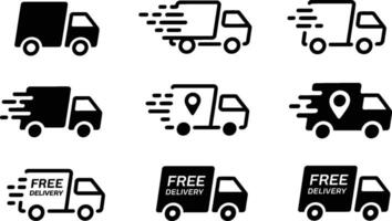 Collection of delivery truck icons in black and white showing speed and free delivery concept for transportation services vector