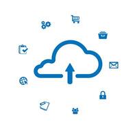 Cloud upload icon surrounded by business and technology symbols, representing digital data management and storage vector