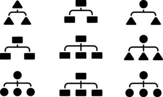 Collection of black and white hierarchical diagrams with various shapes for representing organizational structures and data relationships. vector