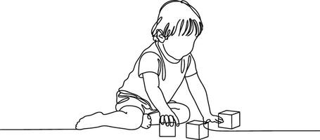 Continuous line illustration of a young child playing with building blocks on a white background vector