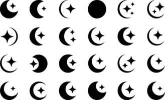 Black and white celestial icons depicting a crescent moon various stars and the phases of the moon for creative designs vector