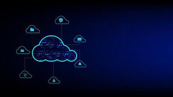 Cloud computing concept with centralized data cloud connected to multiple cloud icons, representing storage, security, email, and digital access copy space for text vector