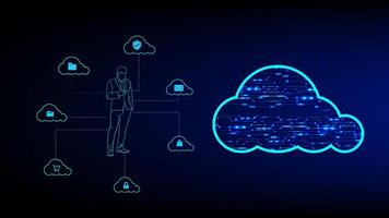 Illustration of cloud computing with users accessing data via smartphones, representing digital data storage and secure communication vector