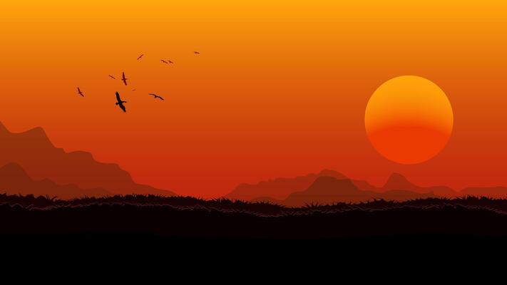 sunset landscape with flying birds, orange sky, and mountain silhouettes in the background