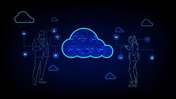 Illustration cloud computing with two users accessing data smartphones, representing digital data storage and secure communication vector